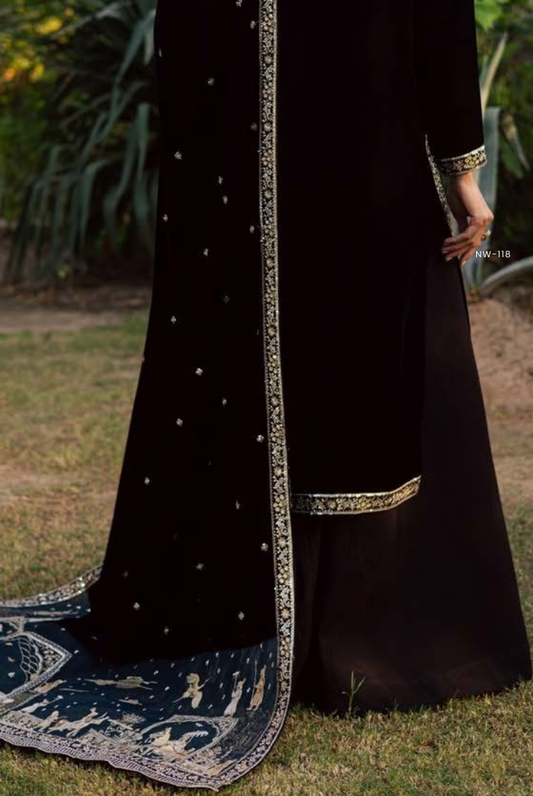 3 Piece Stitched Embroidered Velvet Suit with Shawl | Luxury Wedding Wear MAYA by Nureh