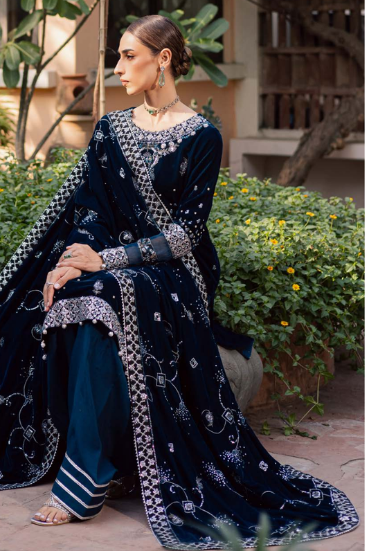 3 Piece Stitched Embroidered Velvet Suit with Shawl | Luxury Wedding Wear MAYA by Nureh