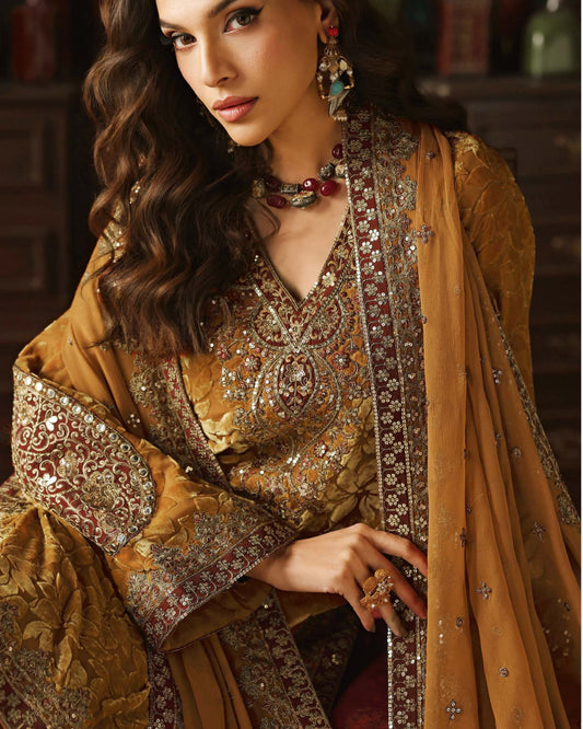 Charizma Signora Vol-II - Stitched Plachi Velvet 3-Pc - Mustard Gold (CVT5-12)