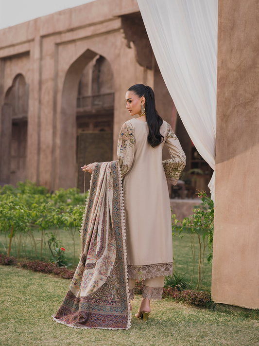 3 PC - Eshaisha Winter '25 - Stitched Dhanak Embroidered - Floral Beige
