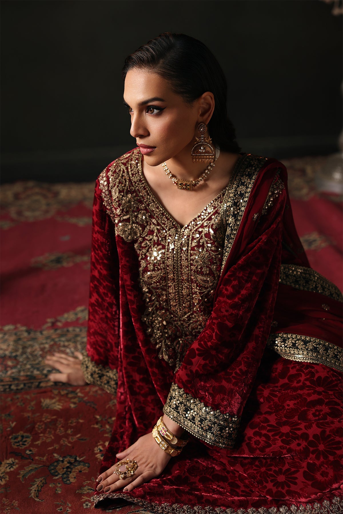 Charizma Signora Vol-II - Stitched Plachi Velvet 3-Pc - Maroon & Black (CVT5-15)