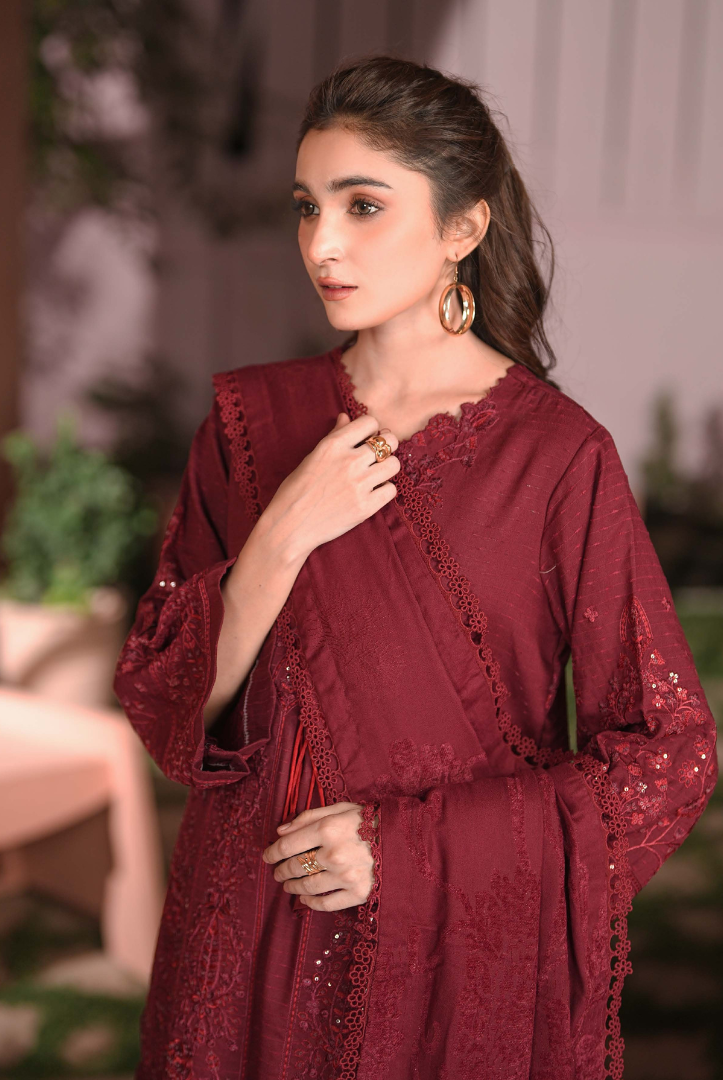 3 Piece Stitched Embroidered Dhanak Suit with Velvet Jacquard Shawl | Vihana by Johra JW