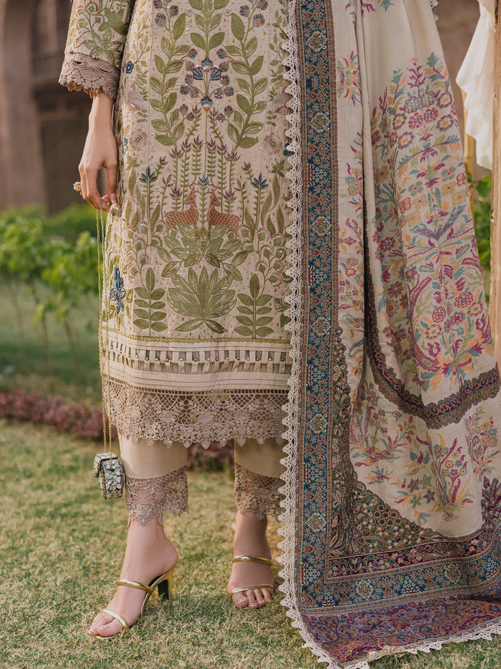 3 PC - Eshaisha Winter '25 - Stitched Dhanak Embroidered - Floral Beige