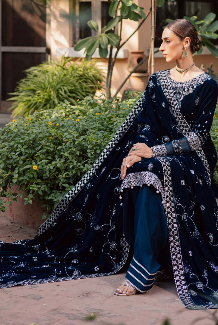 3 Piece Stitched Embroidered Velvet Suit with Shawl | Luxury Wedding Wear MAYA by Nureh