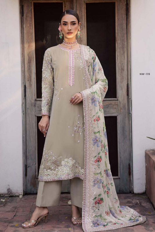 3 Piece Stitched Embroidered Velvet Suit with Shawl | Luxury Wedding Wear MAYA by Nureh