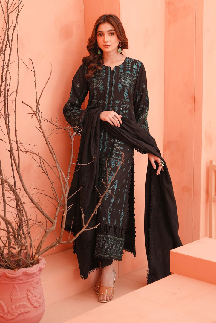 3 Piece Stitched Embroidered Dhanak Suit with Velvet Jacquard Shawl | Vihana by Johra JW