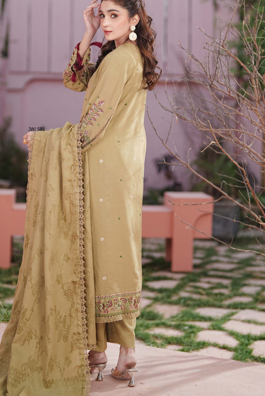 3 Piece Stitched Embroidered Dhanak Suit with Velvet Jacquard Shawl | Vihana by Johra JW