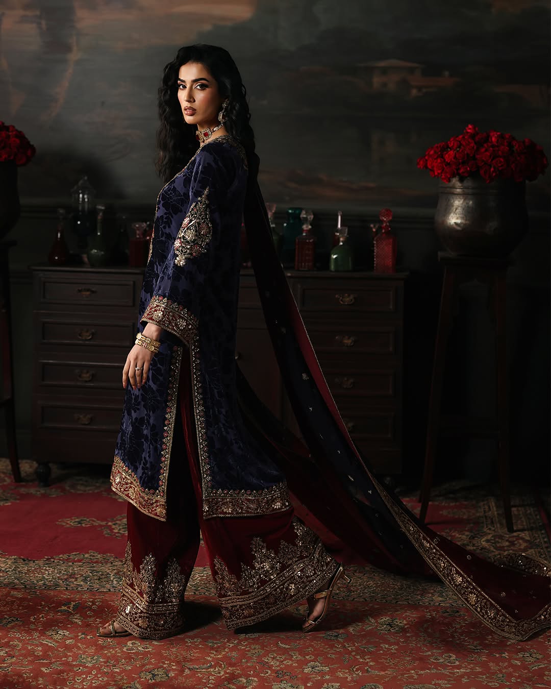 Charizma Signora Vol-II - Stitched Plachi Velvet 3-Pc - Royal Navy (CVT5-11)