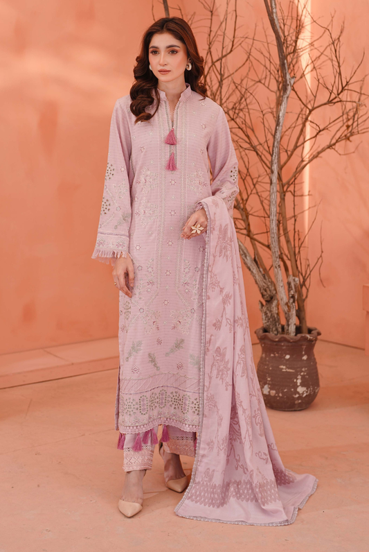 3 Piece Stitched Embroidered Dhanak Suit with Velvet Jacquard Shawl | Vihana by Johra JW