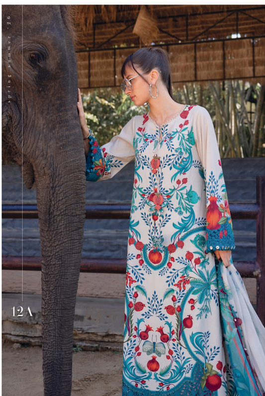 3 Piece Suit Stitched Embroidered Lawn BY Maria.B M.PRINTS'26 - MBPT-29-12A