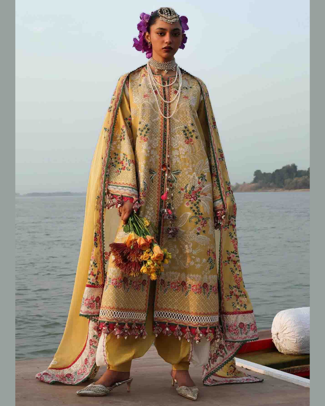 3 Piece Suit Stitched Embroidered KALABAGH Luxury Lawn '26 by Hussain Rehar Eid Edit OCHRE-D#84