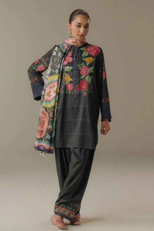 3 Piece Suit Stitched Printed Linen Drop Five Coco By Zara Shahjahan Olive Hour-5A
