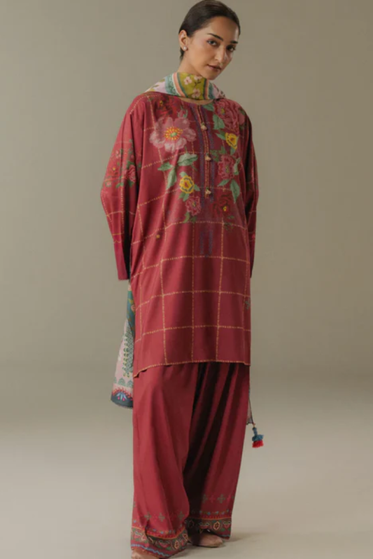 3 Piece Suit Stitched Printed Linen Drop Five Coco By Zara Shahjahan Olive Hour-5B