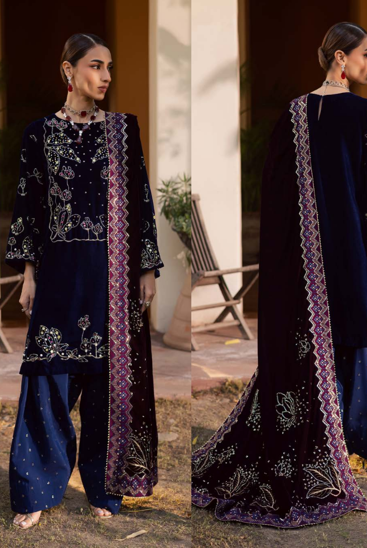 3 Piece Stitched Embroidered Velvet Suit with Shawl | Luxury Wedding Wear MAYA by Nureh