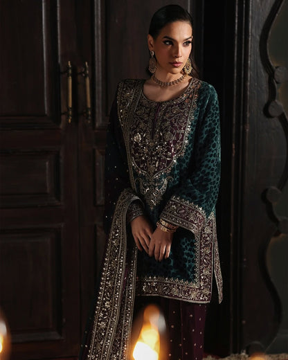 Charizma Signora Vol-II - Stitched Plachi Velvet 3-Pc - Deep Teal (CVT5-09)