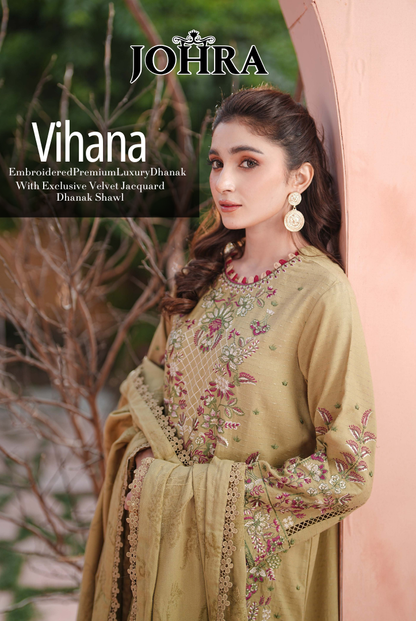 3 Piece Stitched Embroidered Dhanak Suit with Velvet Jacquard Shawl | Vihana by Johra JW