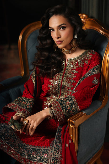 Charizma Signora Vol-II - Stitched Plachi Velvet 3-Pc - Deep Red (CVT5-10)