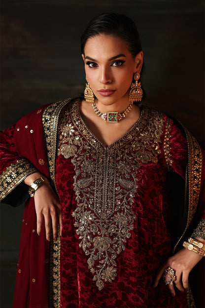 Charizma Signora Vol-II - Stitched Plachi Velvet 3-Pc - Maroon & Black (CVT5-15)