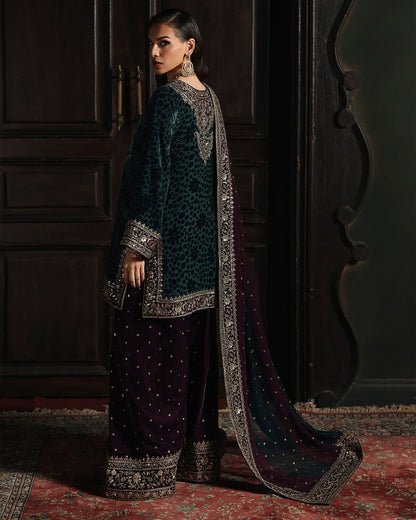 Charizma Signora Vol-II - Stitched Plachi Velvet 3-Pc - Deep Teal (CVT5-09)