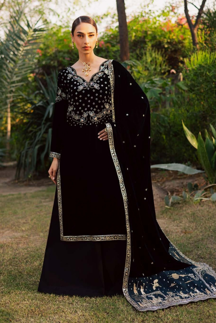 3 Piece Stitched Embroidered Velvet Suit with Shawl | Luxury Wedding Wear MAYA by Nureh