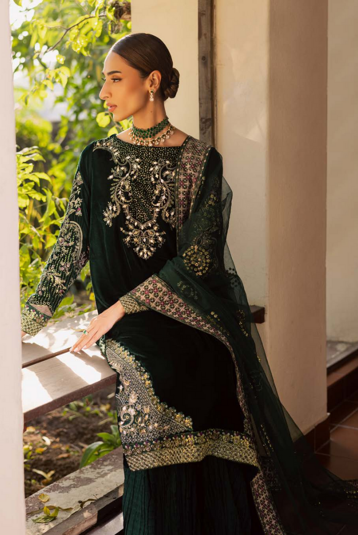 3 Piece Stitched Embroidered Velvet Suit with Shawl | Luxury Wedding Wear MAYA by Nureh