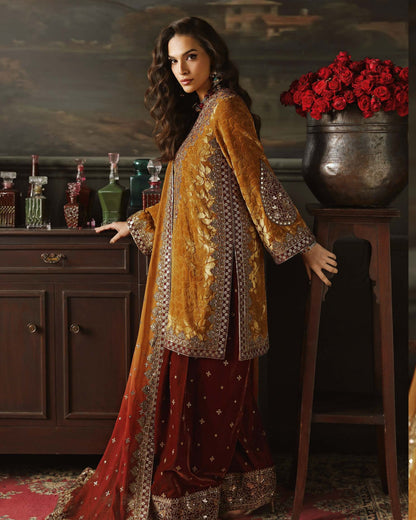 Charizma Signora Vol-II - Stitched Plachi Velvet 3-Pc - Mustard Gold (CVT5-12)