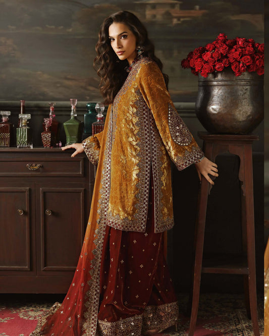 Charizma Signora Vol-II - Stitched Plachi Velvet 3-Pc - Mustard Gold (CVT5-12)