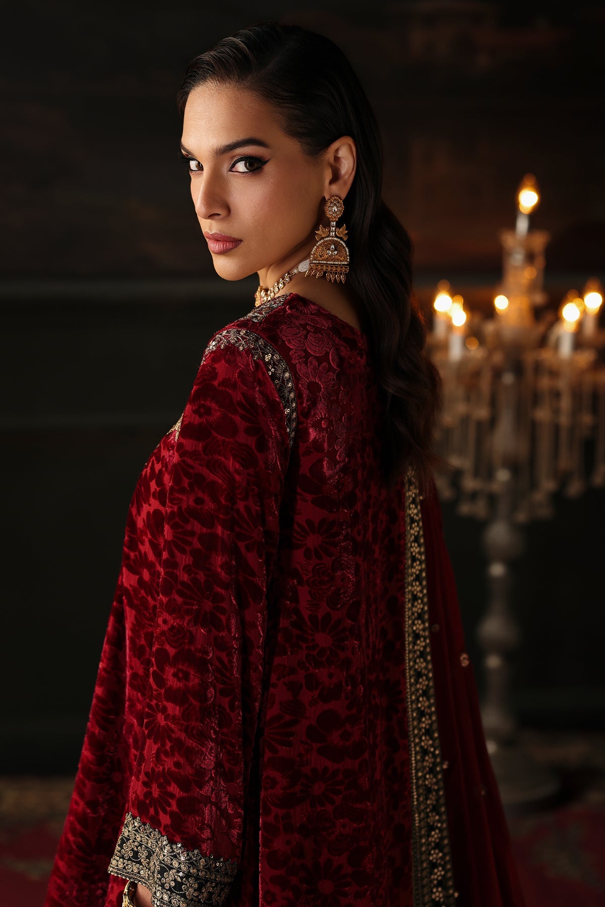Charizma Signora Vol-II - Stitched Plachi Velvet 3-Pc - Maroon & Black (CVT5-15)