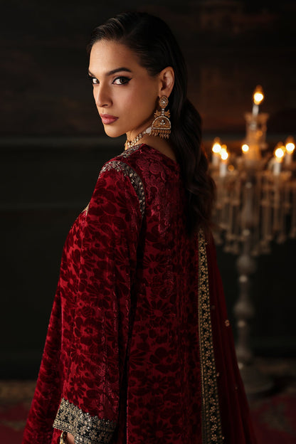 Charizma Signora Vol-II - Stitched Plachi Velvet 3-Pc - Maroon & Black (CVT5-15)