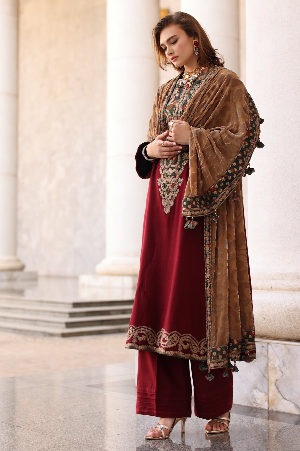 3-pc Stitched Embroidered Dyed Leather Shirt