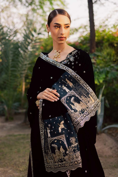 3 Piece Stitched Embroidered Velvet Suit with Shawl | Luxury Wedding Wear MAYA by Nureh