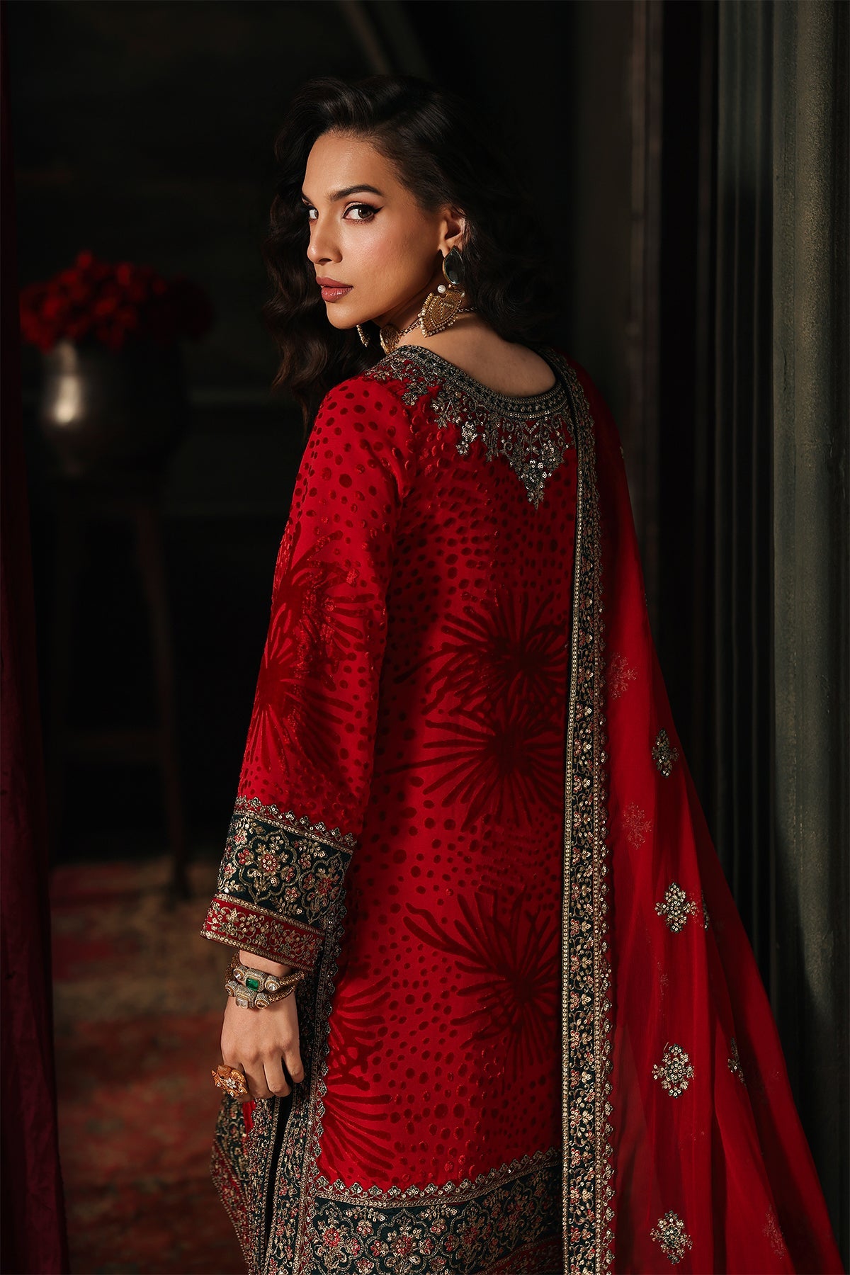 Charizma Signora Vol-II - Stitched Plachi Velvet 3-Pc - Deep Red (CVT5-10)
