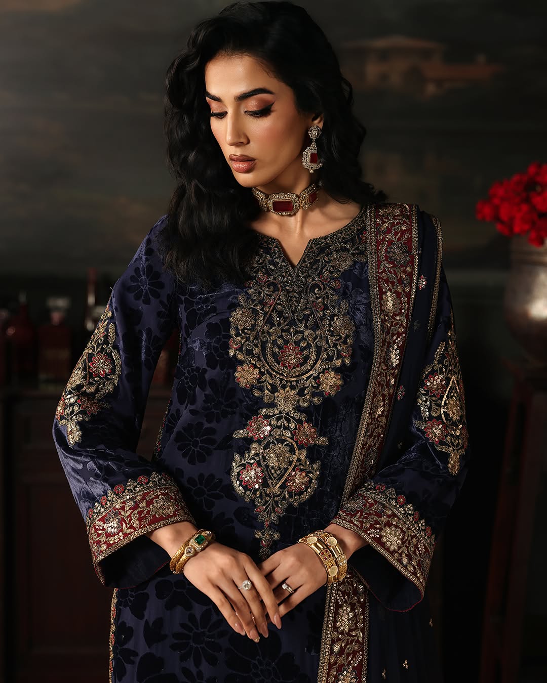 Charizma Signora Vol-II - Stitched Plachi Velvet 3-Pc - Royal Navy (CVT5-11)