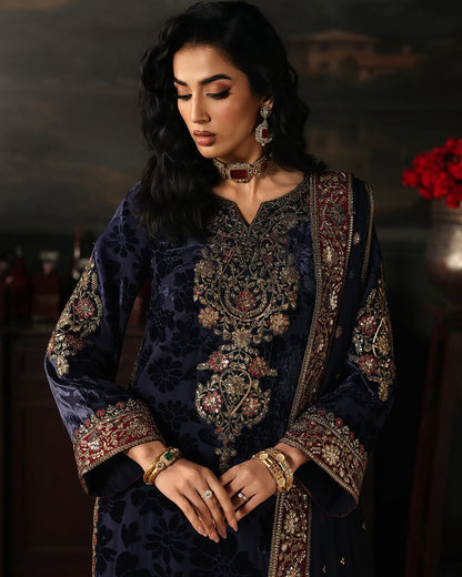 Charizma Signora Vol-II - Stitched Plachi Velvet 3-Pc - Royal Navy (CVT5-11)