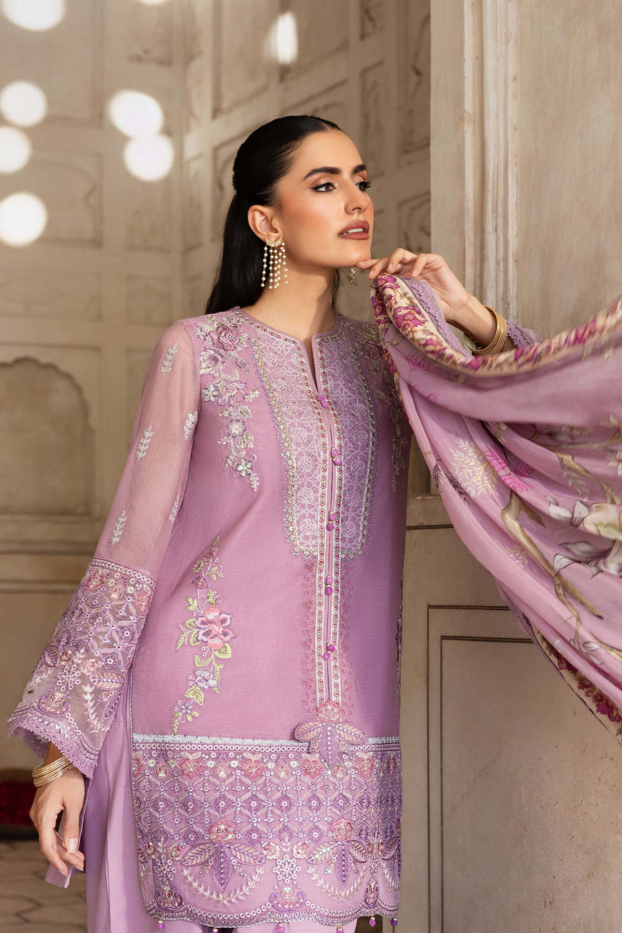 3 Pc Stitched Embroidered Silk Cotton Net Suit
