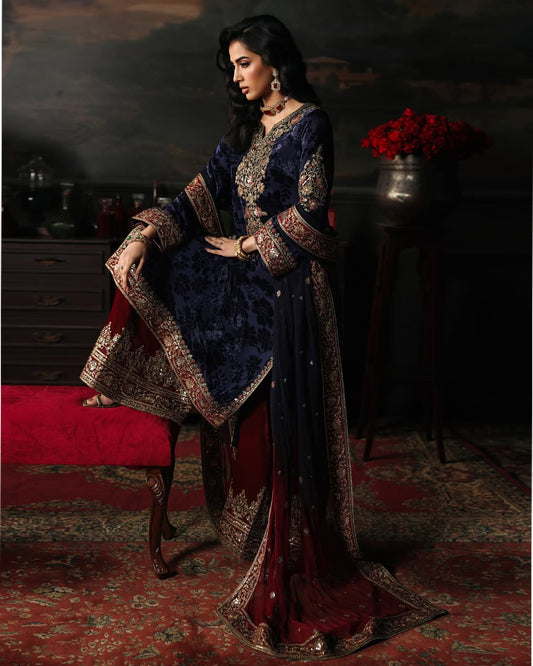 Charizma Signora Vol-II - Stitched Plachi Velvet 3-Pc - Royal Navy (CVT5-11)