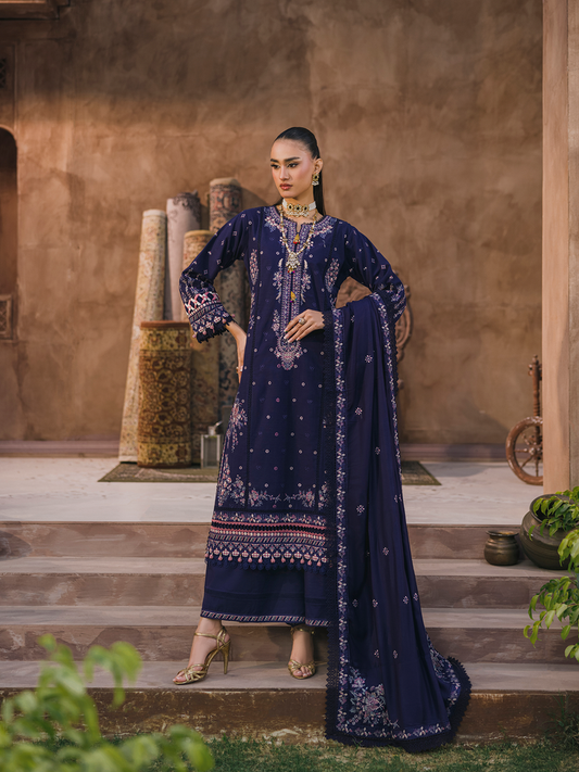 3 PC - Eshaisha Winter '25 - Stitched Slub Dhanak - Navy Blue