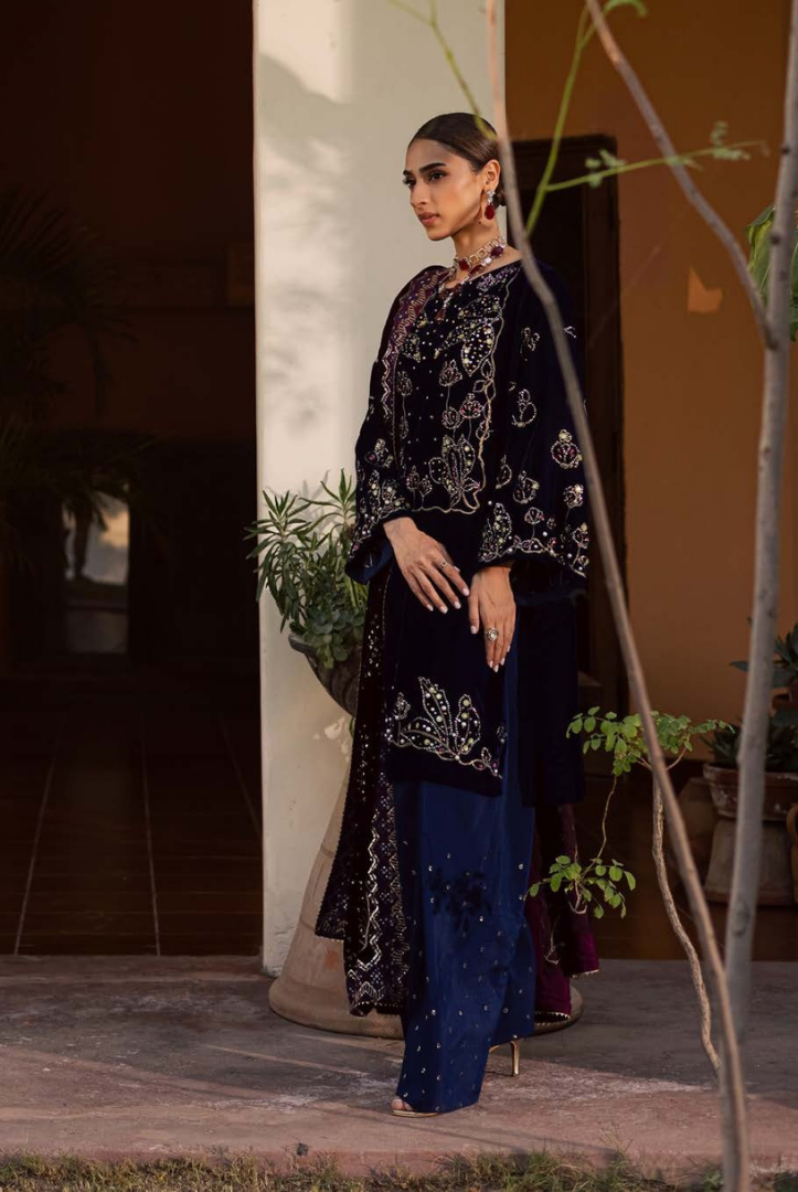 3 Piece Stitched Embroidered Velvet Suit with Shawl | Luxury Wedding Wear MAYA by Nureh