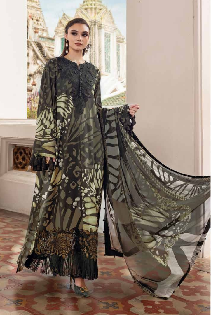 3 Piece Stitched Printed Linen Suit Maria B M Prints Winter Collection MBMP