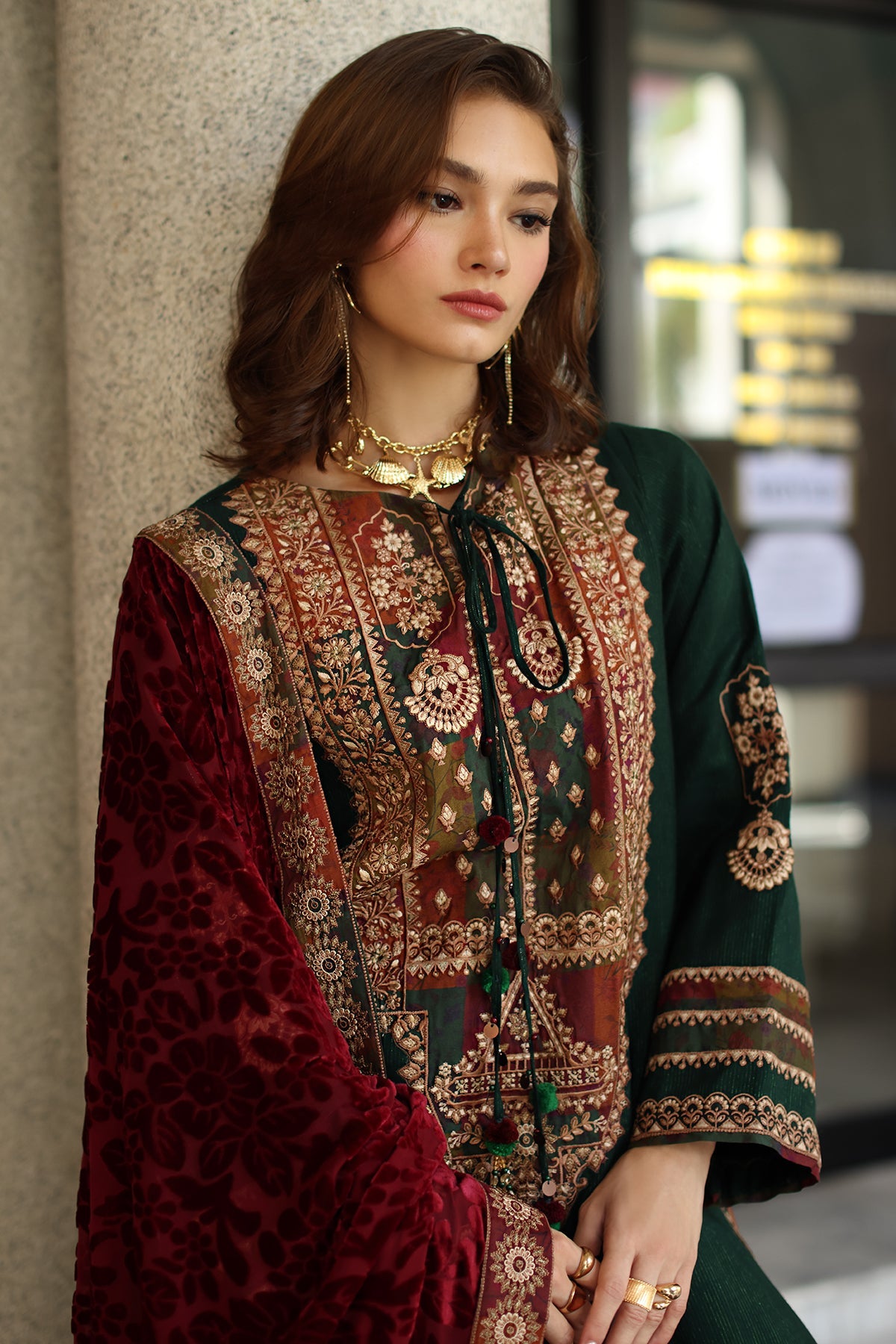 3-pc Stitched Embroidered Dyed Leather Shirt