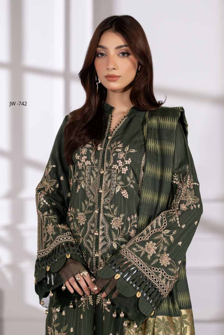3 Piece Stitched Embroidered Winter Collection with Jacquard Shawl – Ameeli by Johra