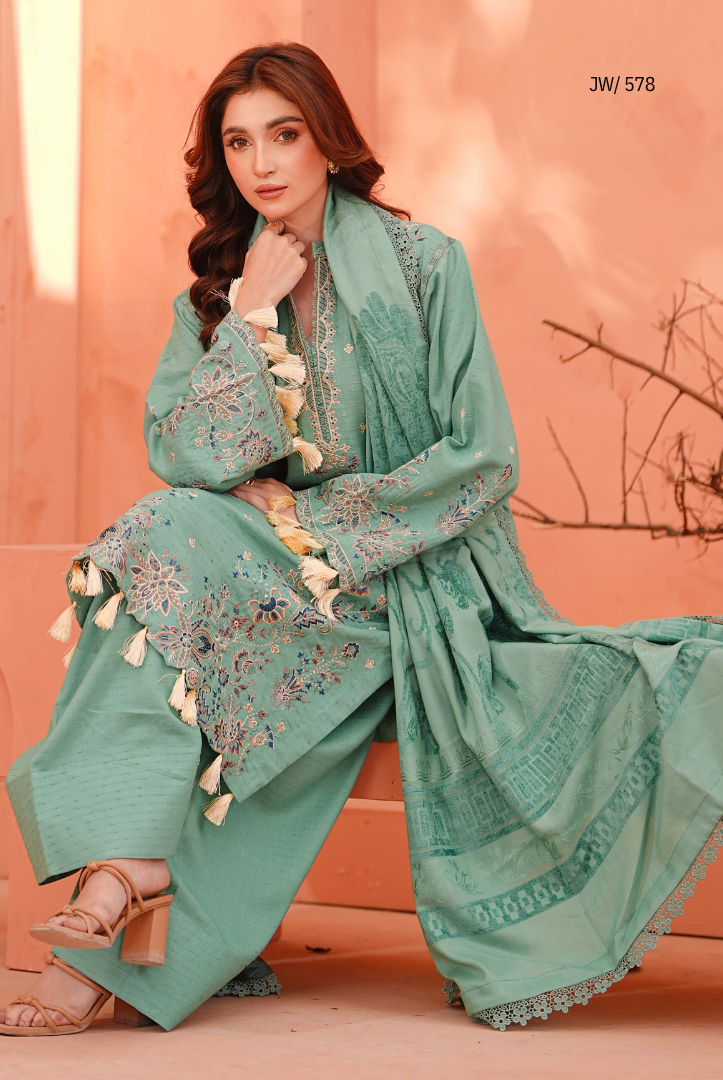 3 Piece Stitched Embroidered Dhanak Suit with Velvet Jacquard Shawl | Vihana by Johra JW