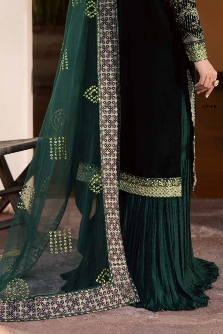 3 Piece Stitched Embroidered Velvet Suit with Shawl | Luxury Wedding Wear MAYA by Nureh