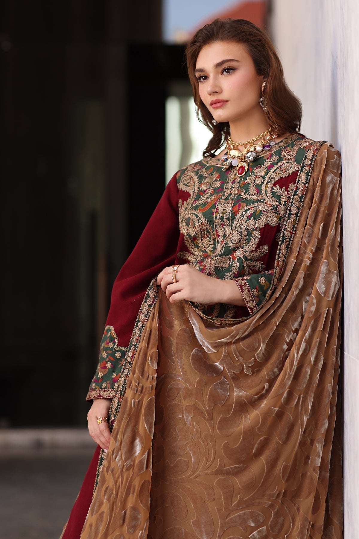 3-pc Stitched Embroidered Dyed Leather Shirt