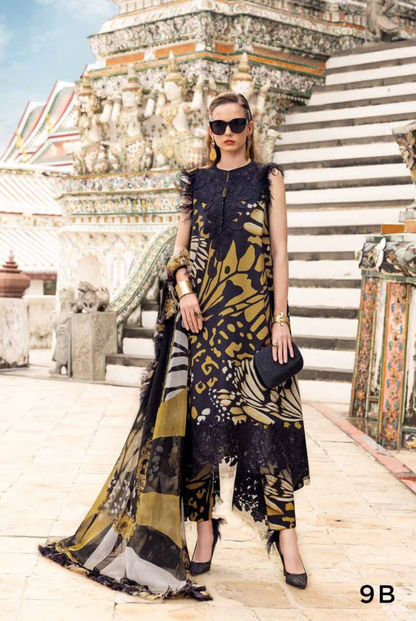 3 Piece Stitched Printed Linen Suit Maria B M Prints Winter Collection MBMP