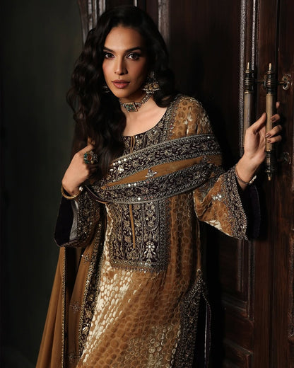 Charizma Signora Vol-II - Stitched Plachi Velvet 3-Pc - Olive Gold (CVT5-13)
