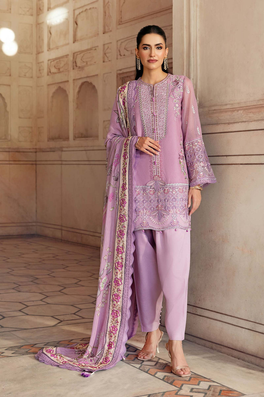 3 Pc Stitched Embroidered Silk Cotton Net Suit