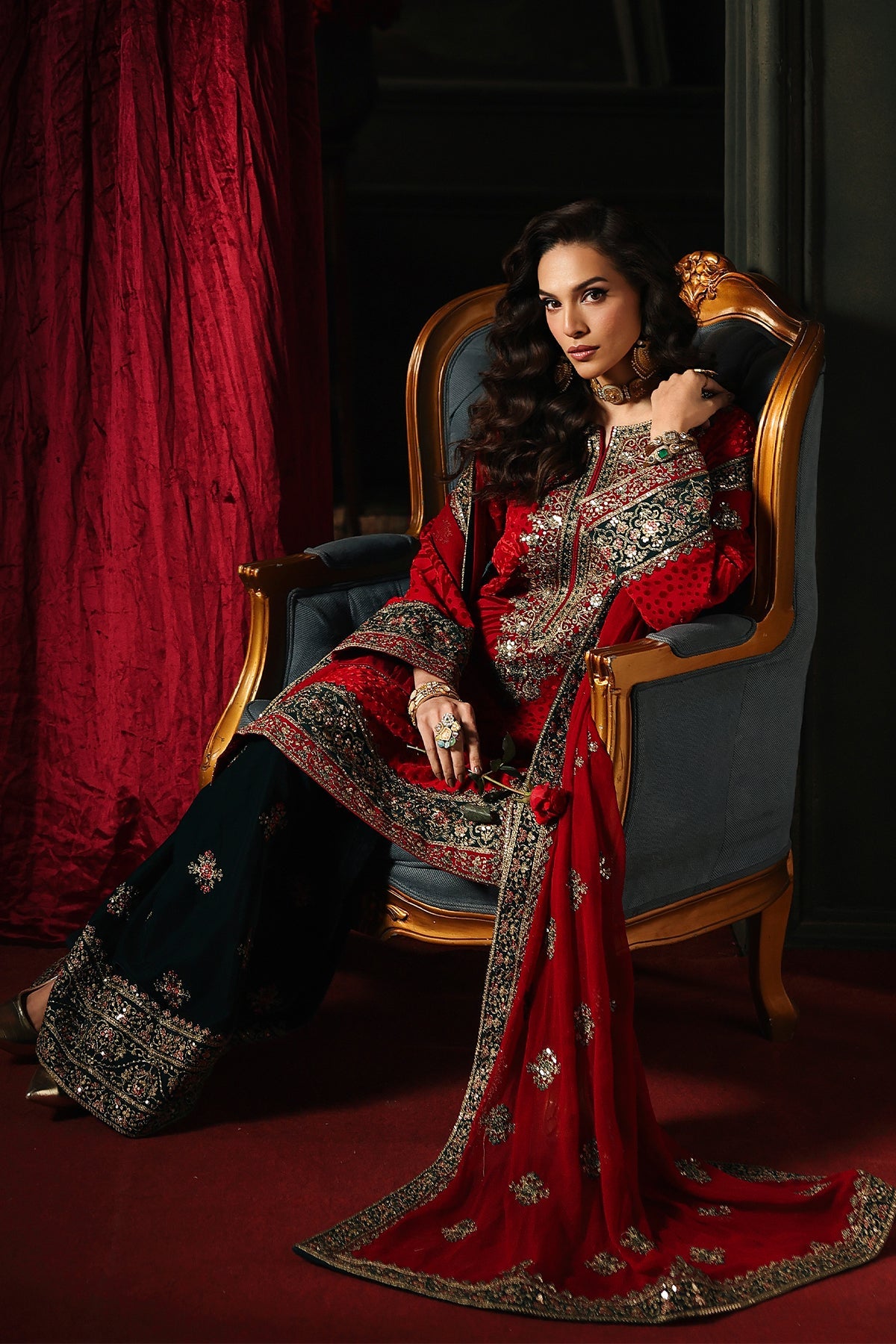 Charizma Signora Vol-II - Stitched Plachi Velvet 3-Pc - Deep Red (CVT5-10)