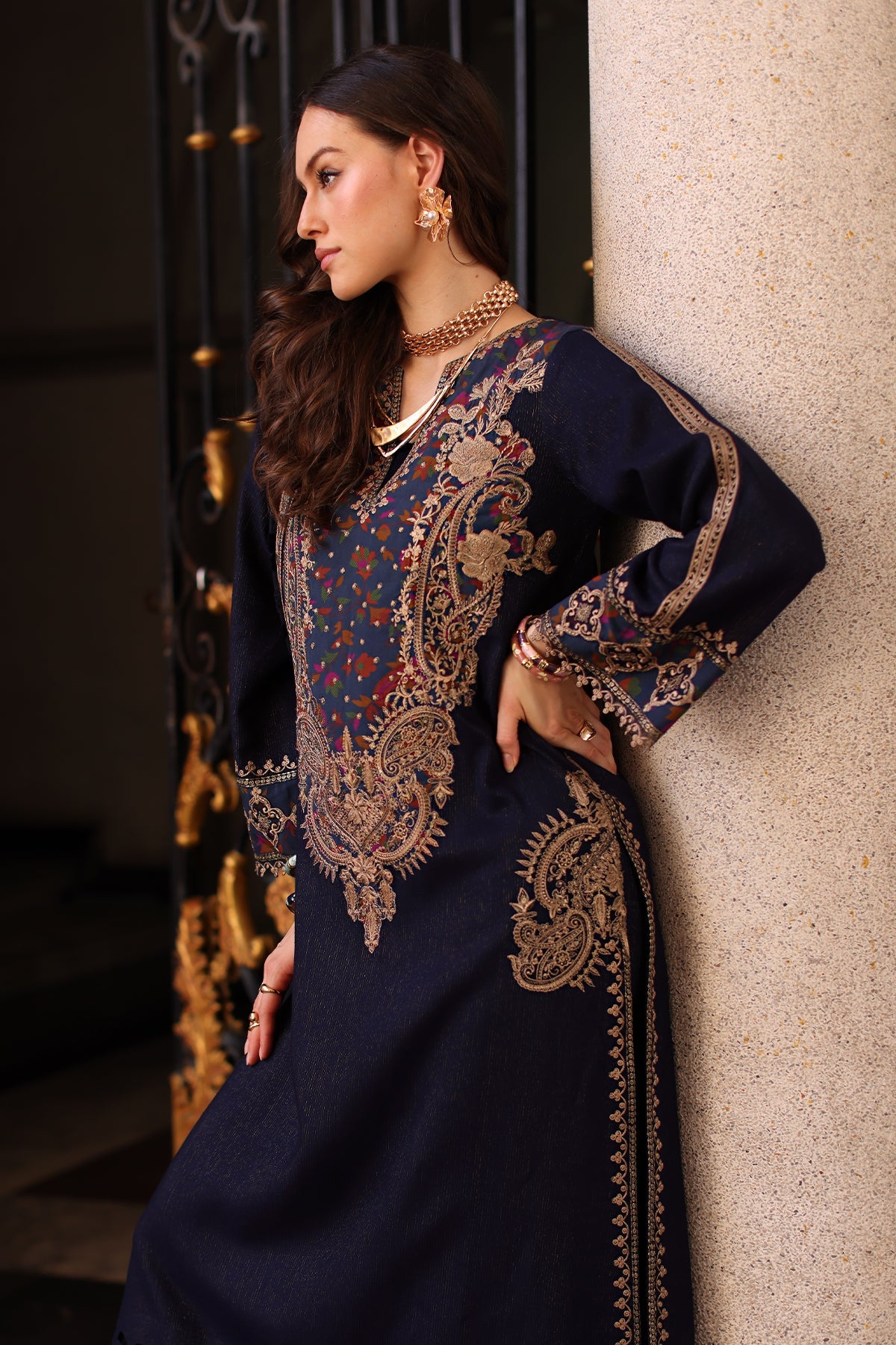 3-pc Stitched Embroidered Dyed Leather Shirt