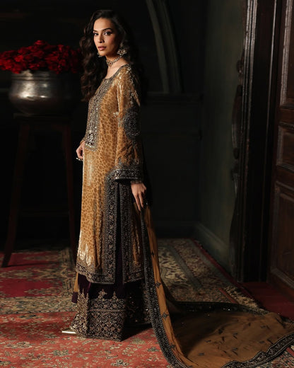 Charizma Signora Vol-II - Stitched Plachi Velvet 3-Pc - Olive Gold (CVT5-13)